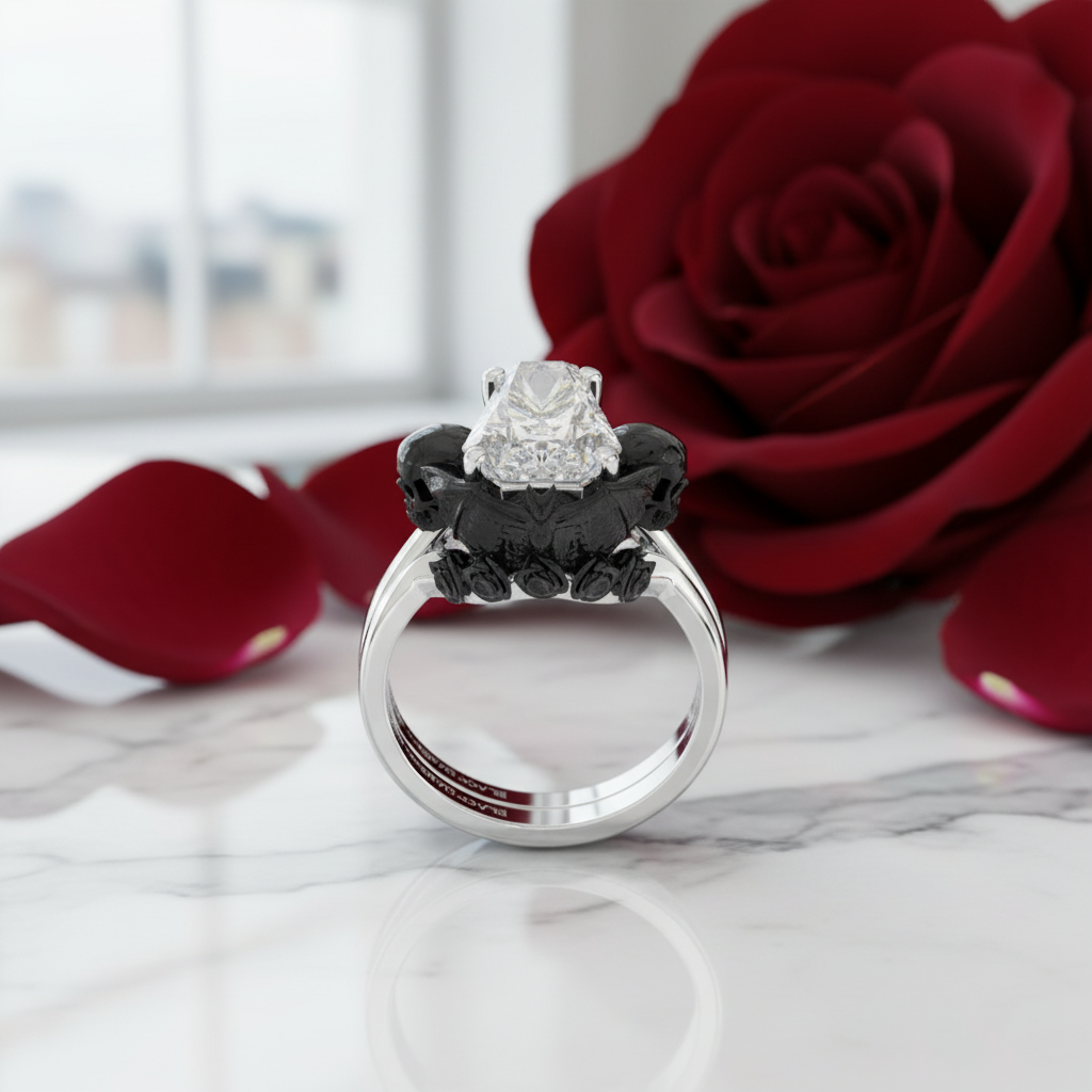 My Ever After Ring - Coffin Cut Diamond with Skulls, Bat and Roses Promise Ring