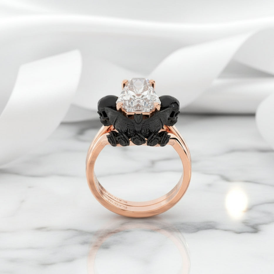 My Ever After Ring - Coffin Cut Diamond with Skulls, Bat and Roses Promise Ring