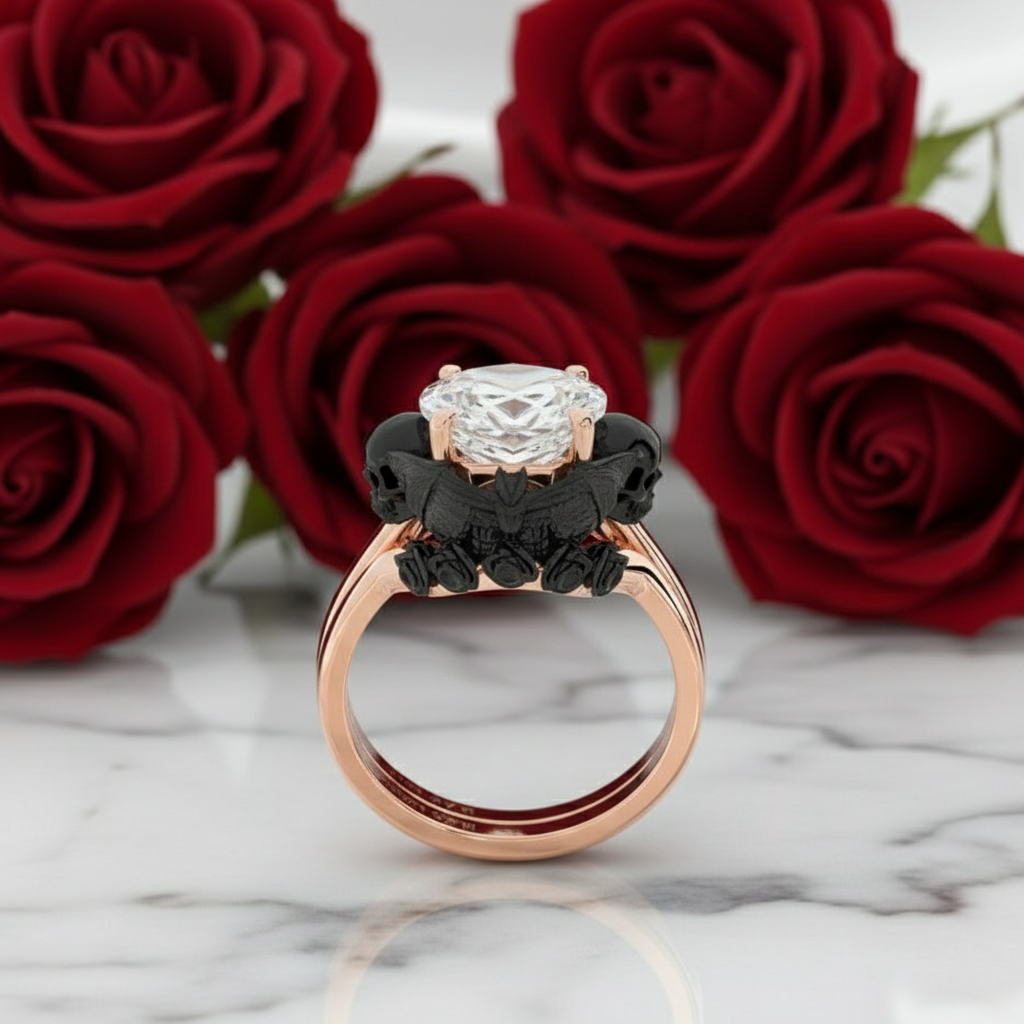My Ever After Ring - Coffin Cut Diamond with Skulls, Bat and Roses Promise Ring