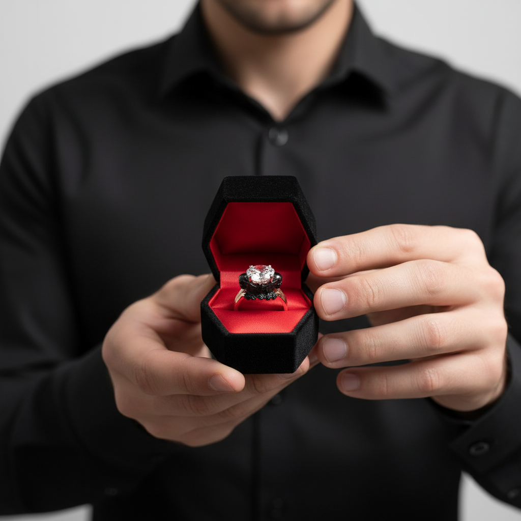 My Ever After Ring - Coffin Cut Diamond with Skulls, Bat and Roses Promise Ring