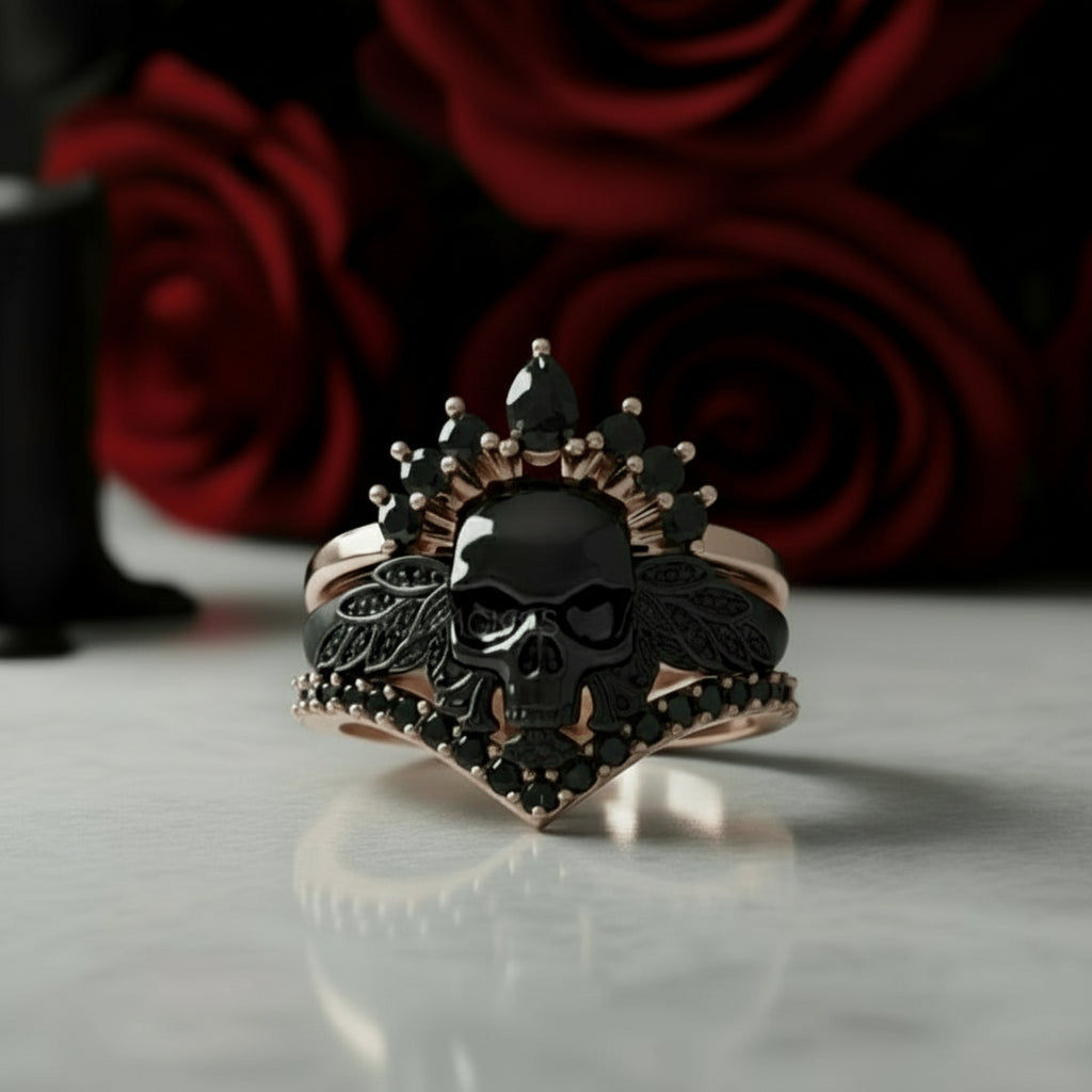 My Queen- 3pc Rose Gold Black Diamond Gothic Ring