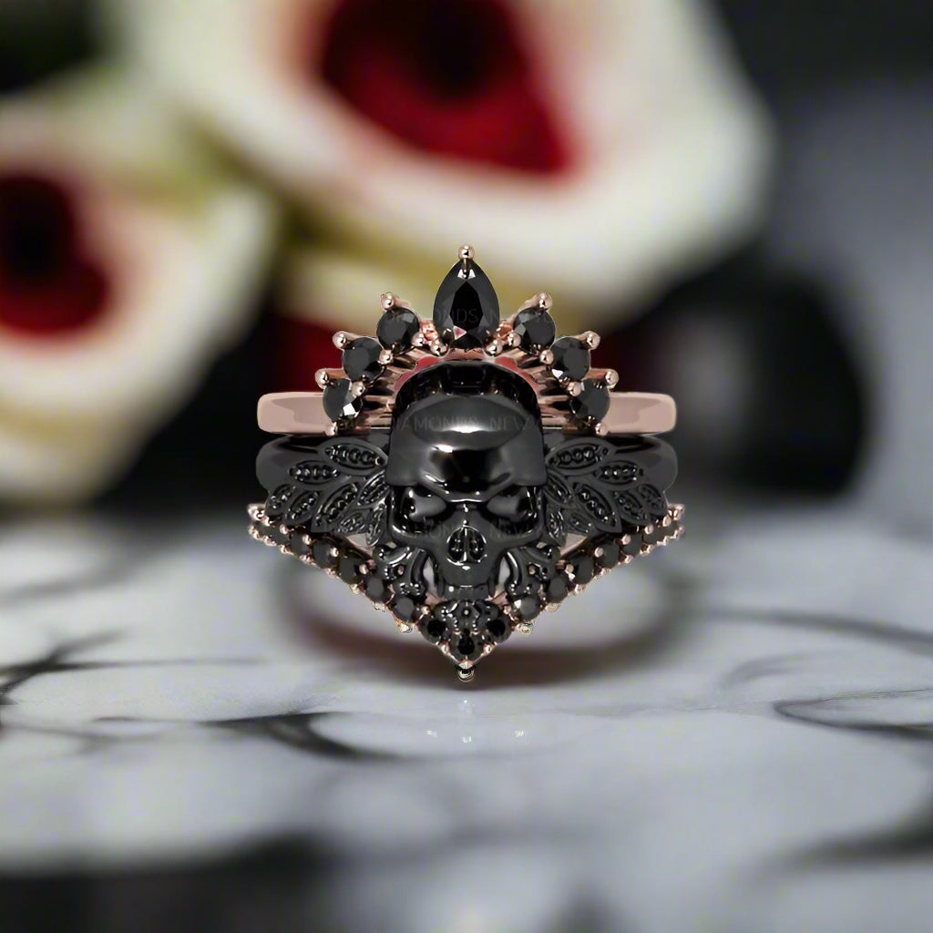 My Queen- 3pc Rose Gold Black Diamond Gothic Ring