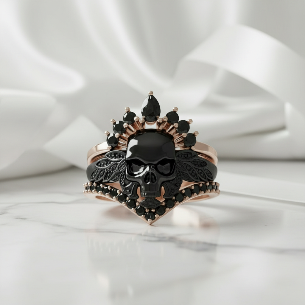 My Queen- 3pc Rose Gold Black Diamond Gothic Ring