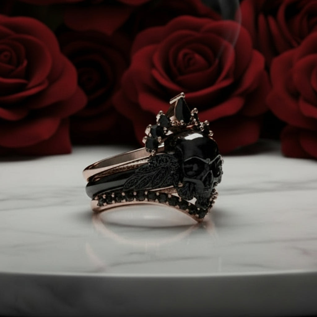 3pc Rose Gold Black Diamond Gothic Ring - My Queen