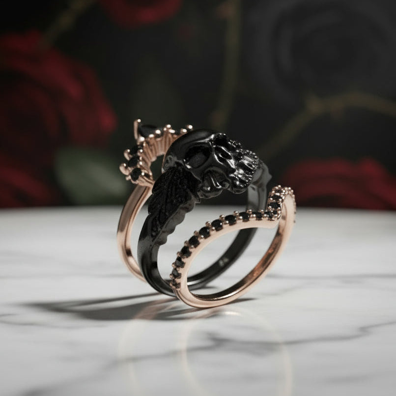3pc Rose Gold Black Diamond Gothic Ring - My Queen