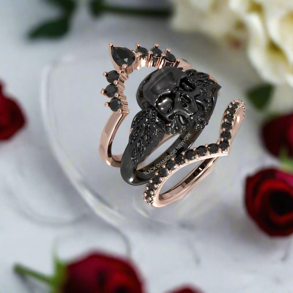 My Queen- 3pc Rose Gold Black Diamond Gothic Ring