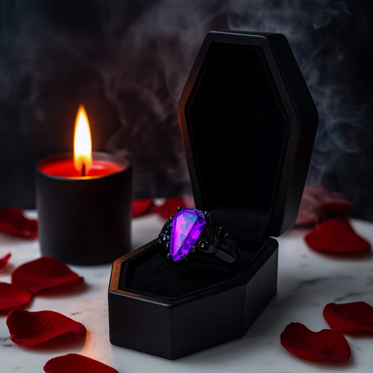 My Ever After Ring - Coffin Cut Diamond with Skulls, Bat and Roses Promise Ring