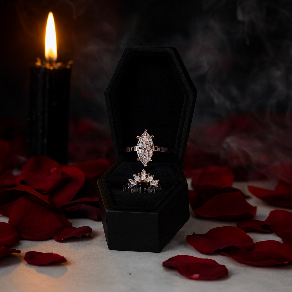 Ride or Die Wedding Rings- 2.5 Ct Marquise Cut Diamond Gothic Bridal Set in 14k White Gold