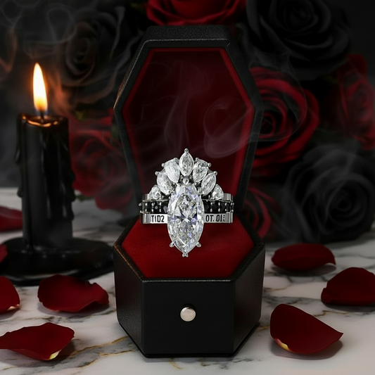 Ride or Die Wedding Rings- 2.5 Ct Marquise Cut Diamond Gothic Bridal Set in 14k White Gold