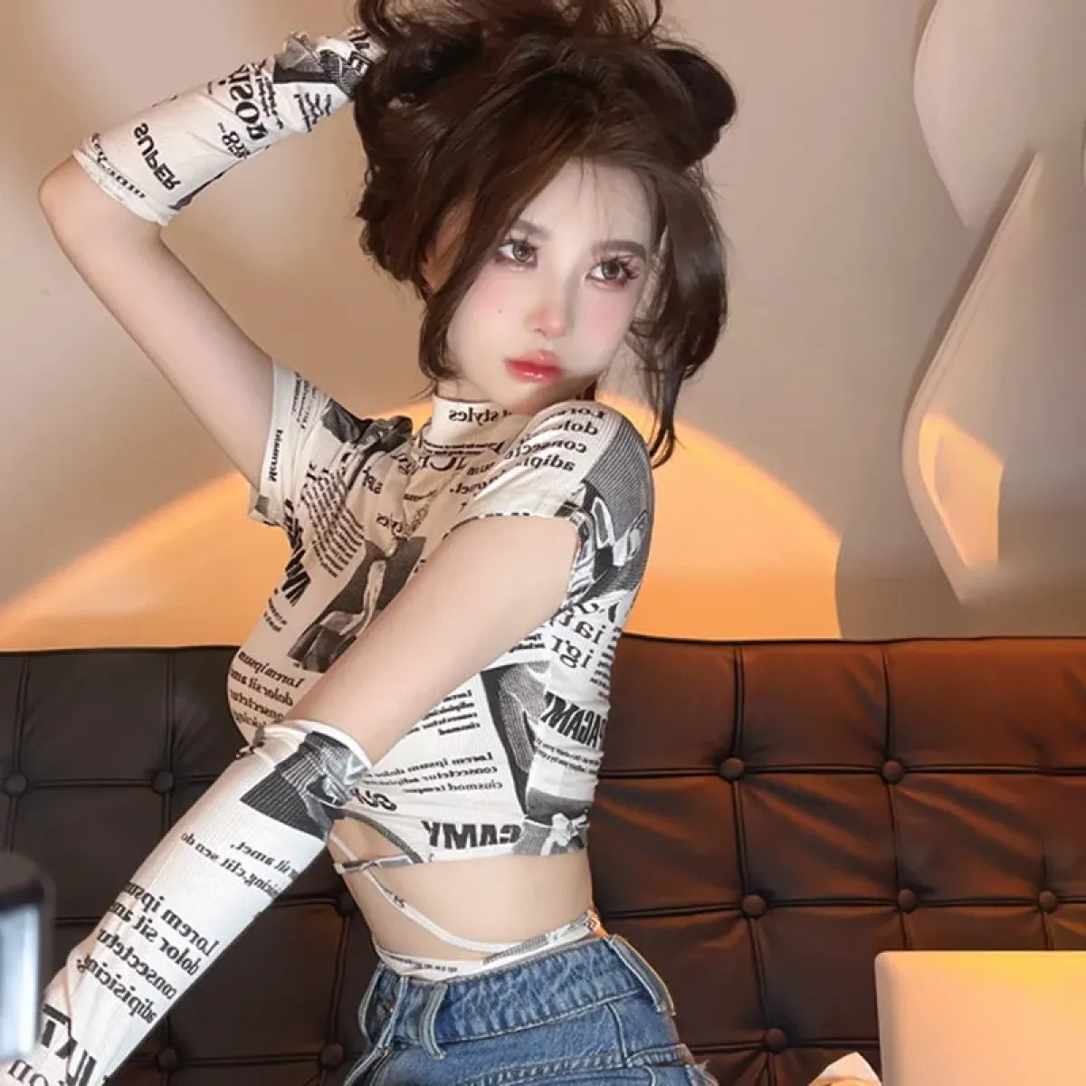Newspaper Print Slim Crop Top