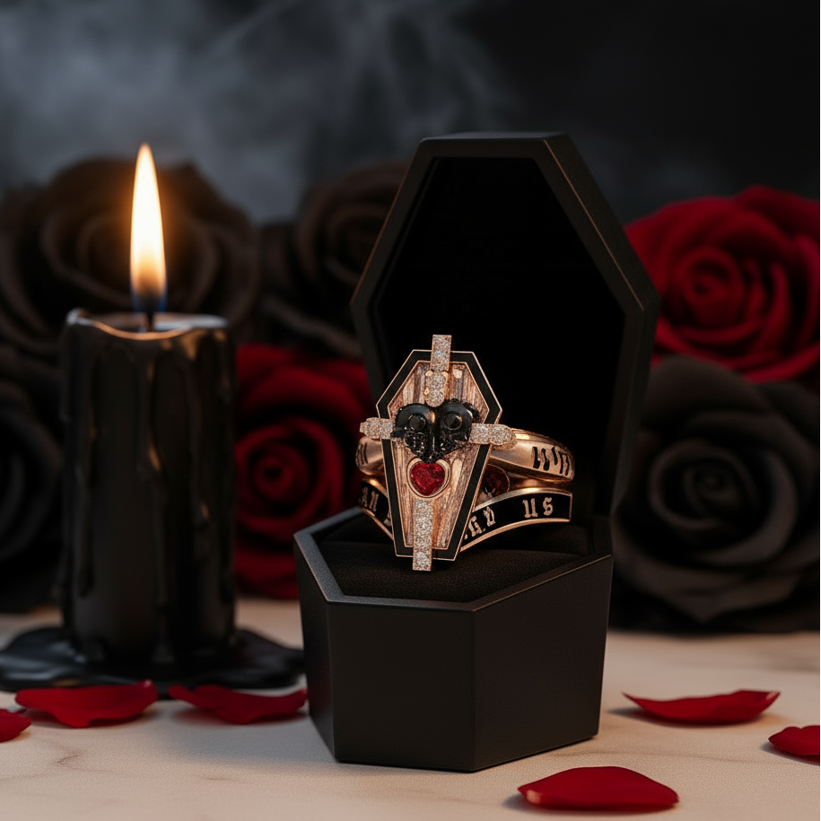 Only Death Can Separate Us Coffin Cut Diamond Wedding Rings