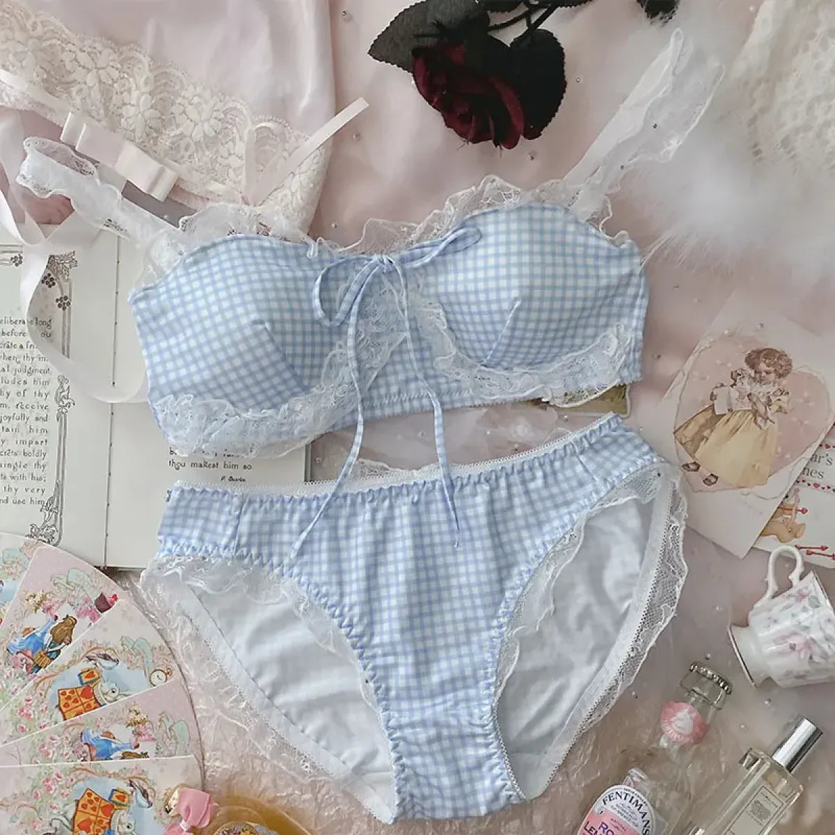 Harajuku Kawaii Fashion Pastel Gingham Lingerie Set