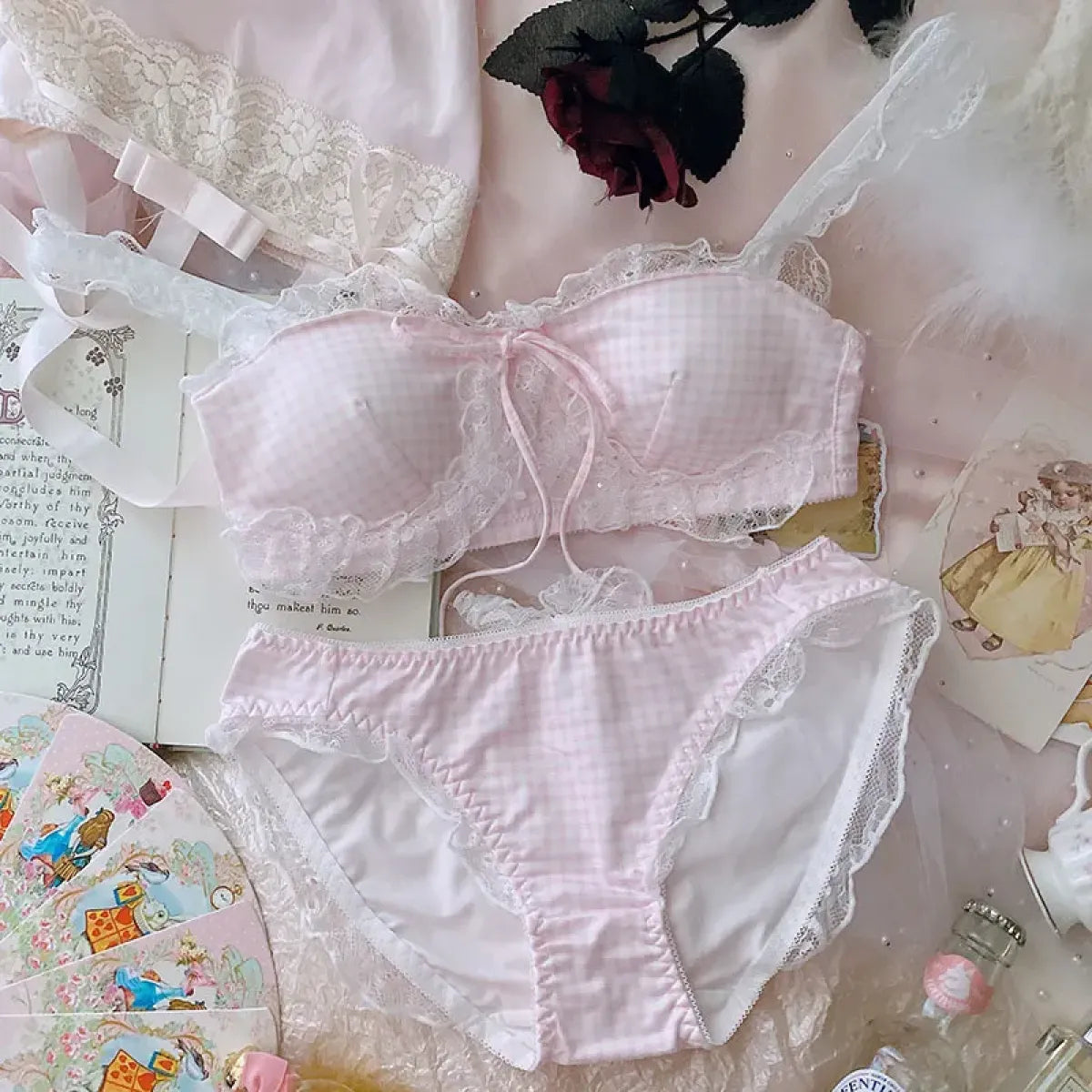 Harajuku Kawaii Fashion Pastel Gingham Lingerie Set