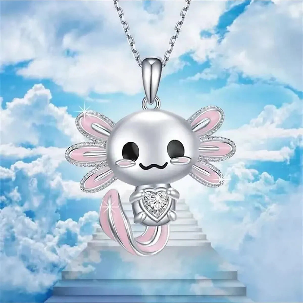 Cute Pink Axolotl Necklace - Enamel Pendant with Crystal Charm