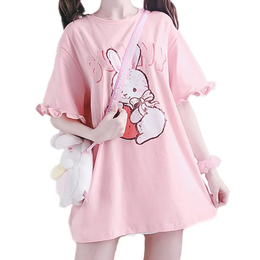 Pink Lolita T-Shirt - Rabbit Print, Ruffled Sleeve Top
