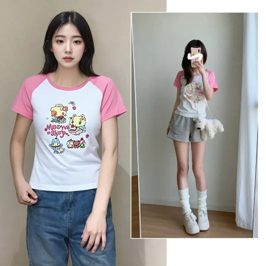 Cat Print T-Shirt – Pink White Patchwork Slim Fit Short Sleeve Tee