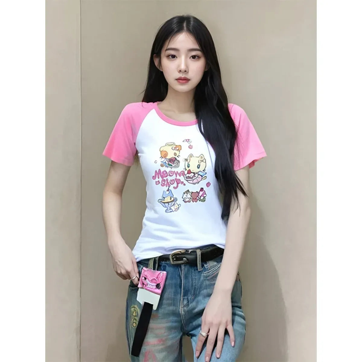 Cat Print T-Shirt – Pink White Patchwork Slim Fit Short Sleeve Tee