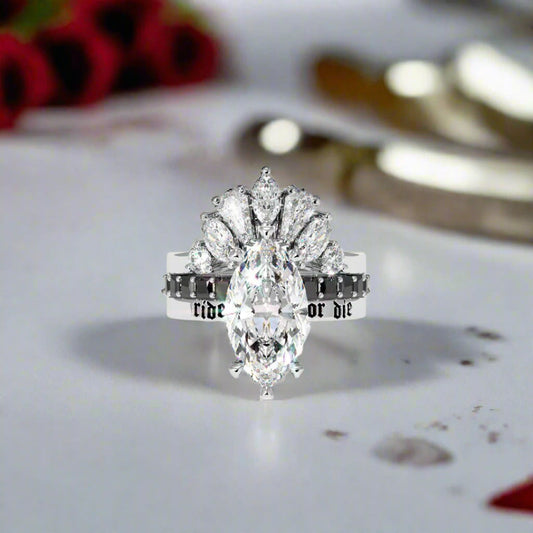 Ride or Die Wedding Rings- 2.5 Ct Marquise Cut Diamond Gothic Bridal Set in 14k White Gold