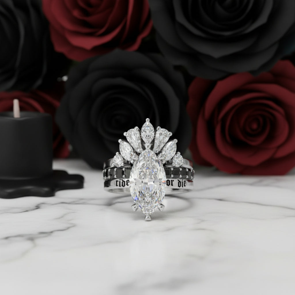Ride or Die Wedding Rings- 2.5 Ct Marquise Cut Diamond Gothic Bridal Set in 14k White Gold
