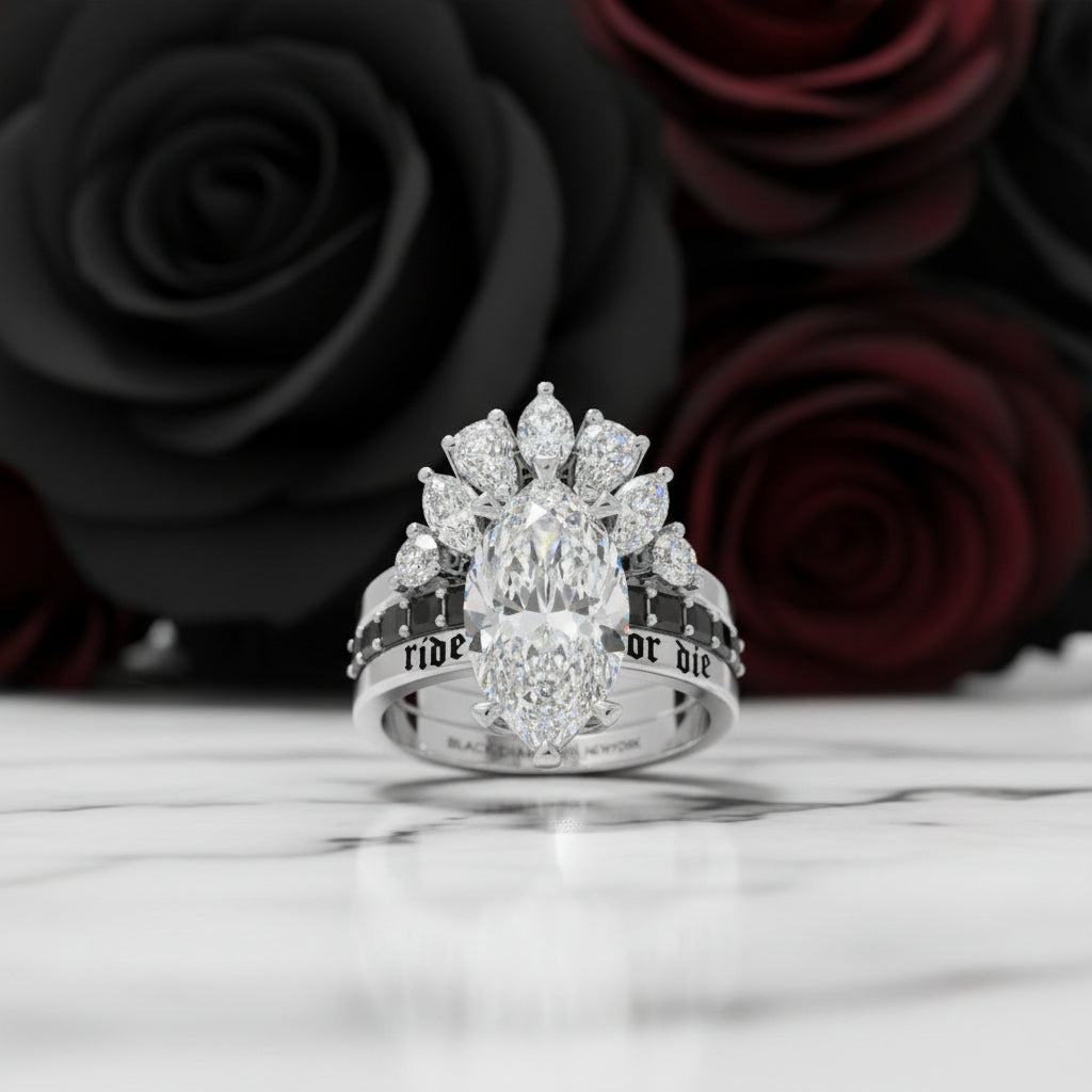 Ride or Die Wedding Rings- 2.5 Ct Marquise Cut Diamond Gothic Bridal Set in 14k White Gold