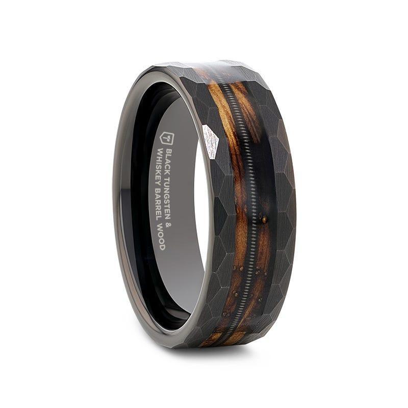 RIFF Black Tungsten Ring with Charred Whiskey Barrel Wood and Guitar String, 8mm