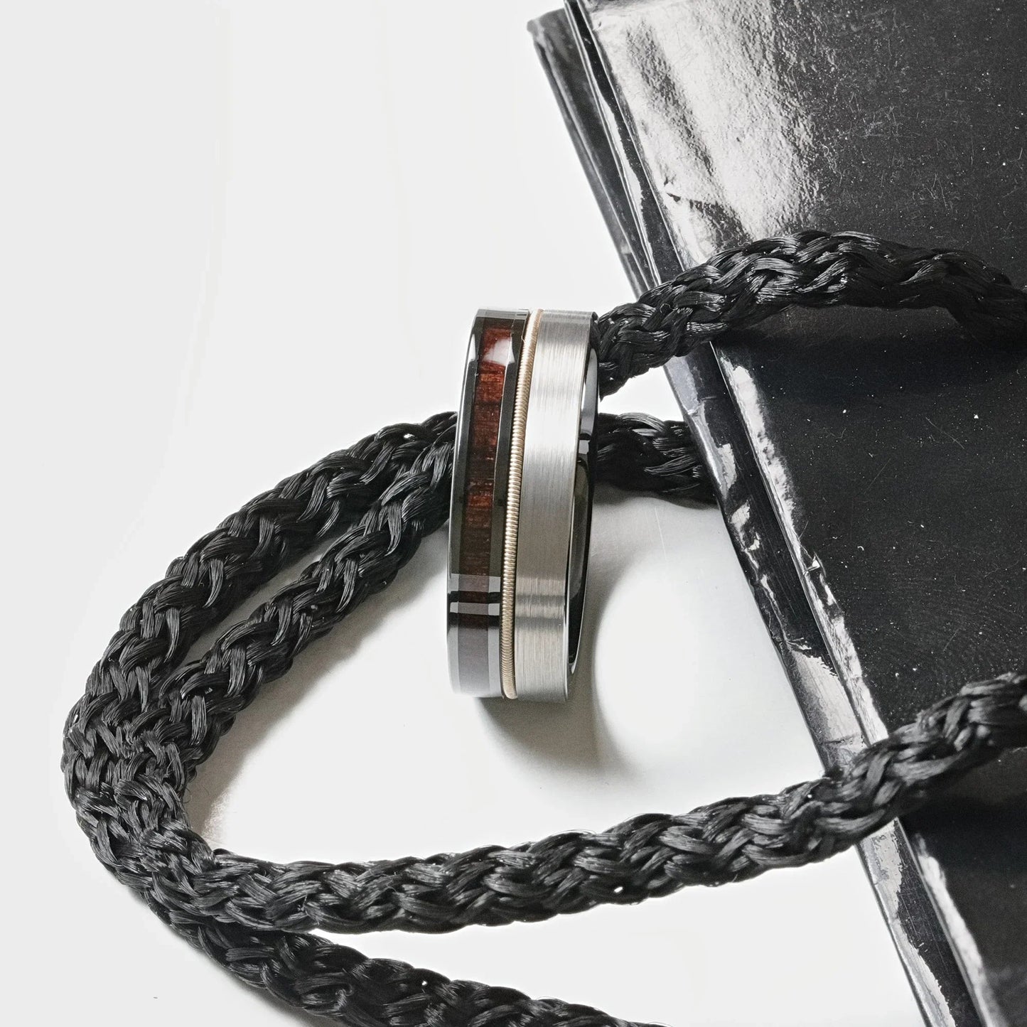 SLATE 8mm Tungsten & Black Ceramic Hybrid Ring with Steel Guitar String and Ebony Wood Inlay