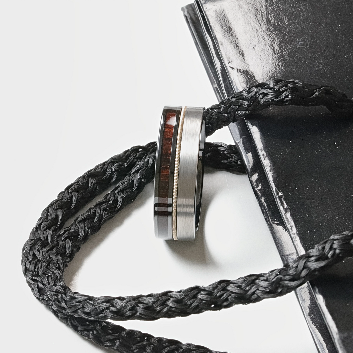 SLATE 8mm Tungsten & Black Ceramic Hybrid Ring with Steel Guitar String and Ebony Wood Inlay