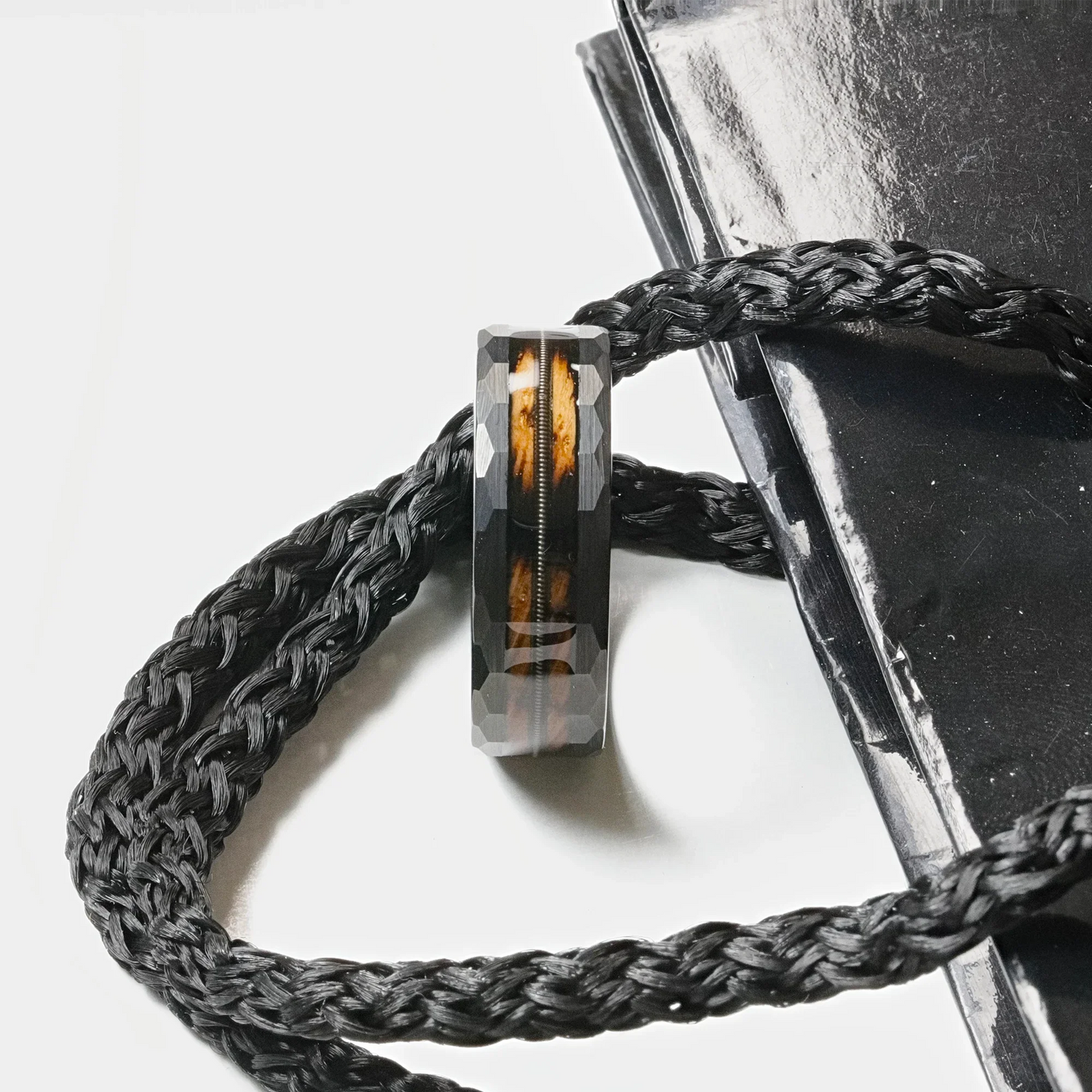 RIFF Black Tungsten Ring with Charred Whiskey Barrel Wood and Guitar String, 8mm
