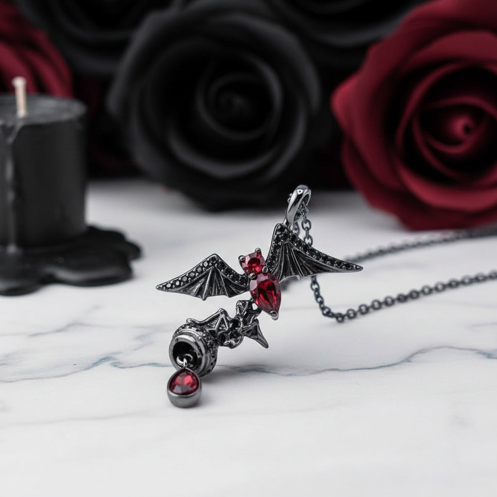Bat Shaped Natural Garnet Vintage Gothic Punk Necklace