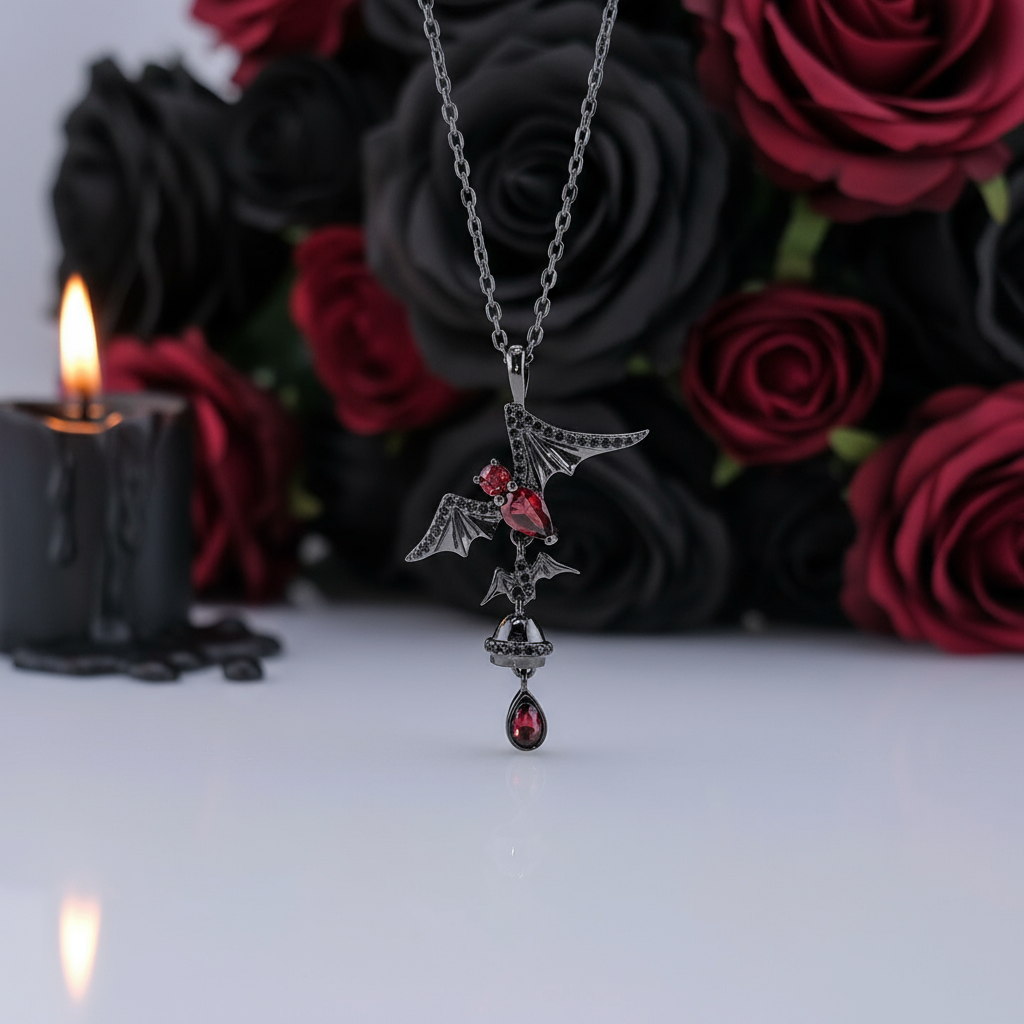 Bat Shaped Natural Garnet Vintage Gothic Punk Necklace