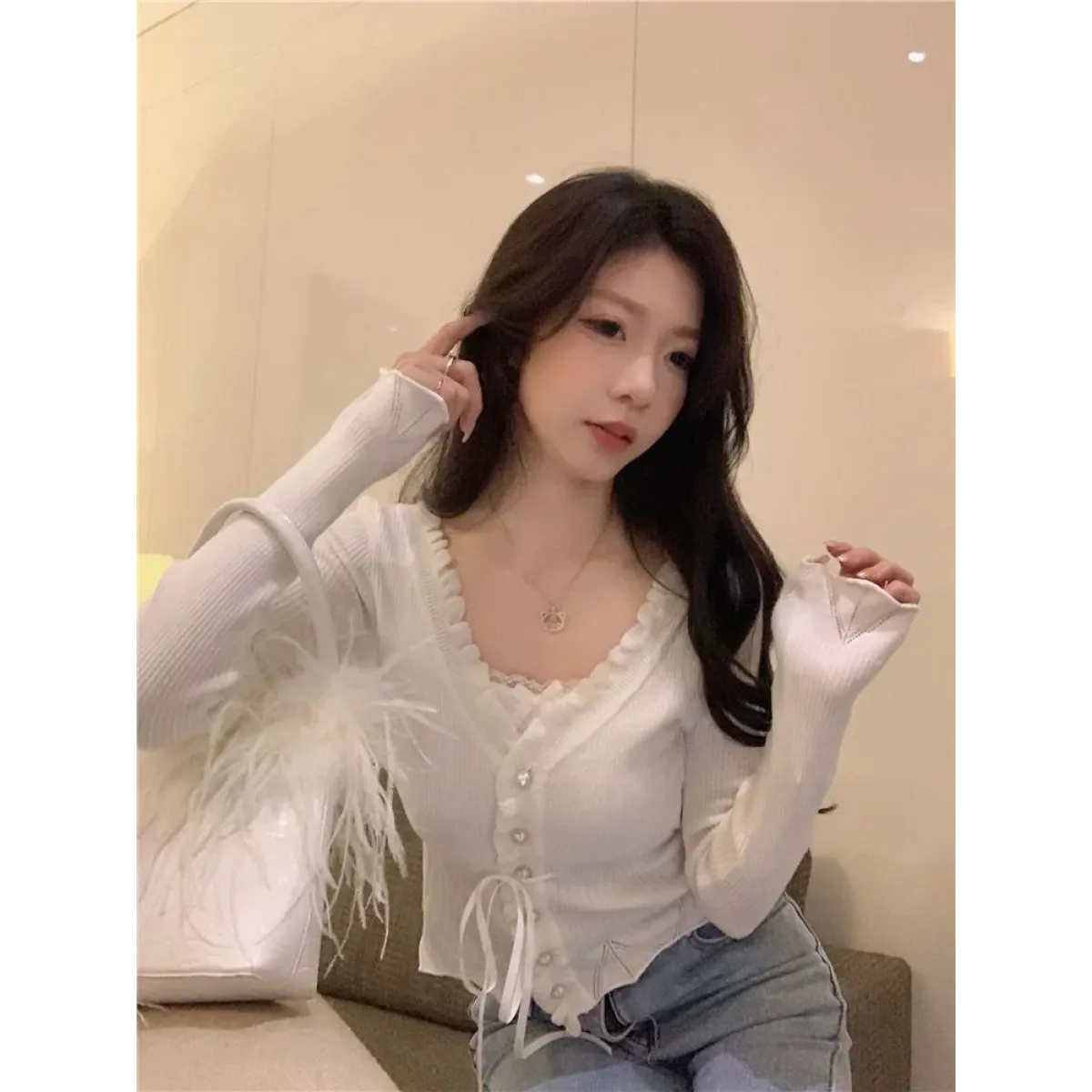 Ruffle Knit Cardigan – Harajuku Lace Trim Slim Fit Sweater