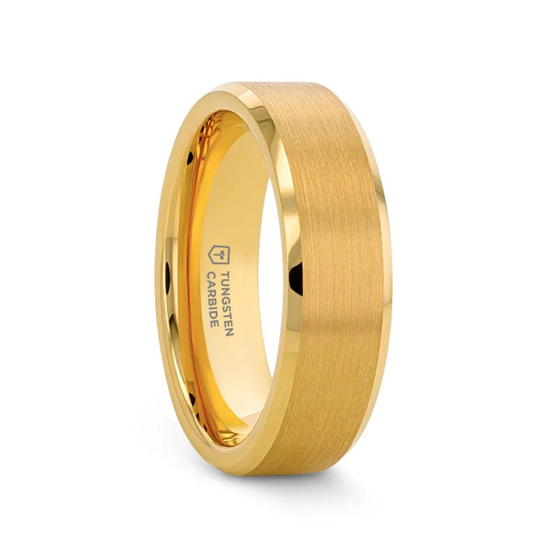 HONOR Gold-Plated Tungsten Beveled Edge Flat Ring with Brushed Center – 6mm & 8mm