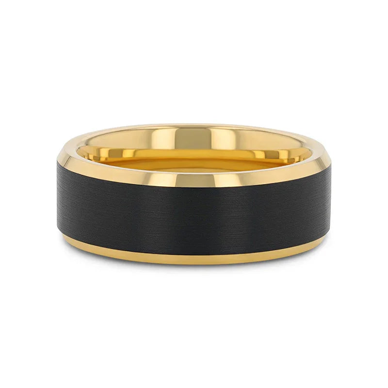 GASTON Gold-Plated Tungsten Beveled Ring with Brushed Black Center – 6mm or 8mm