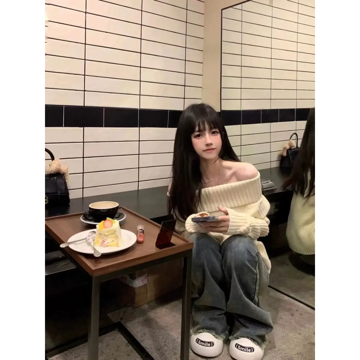 Beige Off Shoulder Knit Sweater – Elegant Harajuku Long Sleeve Pullover