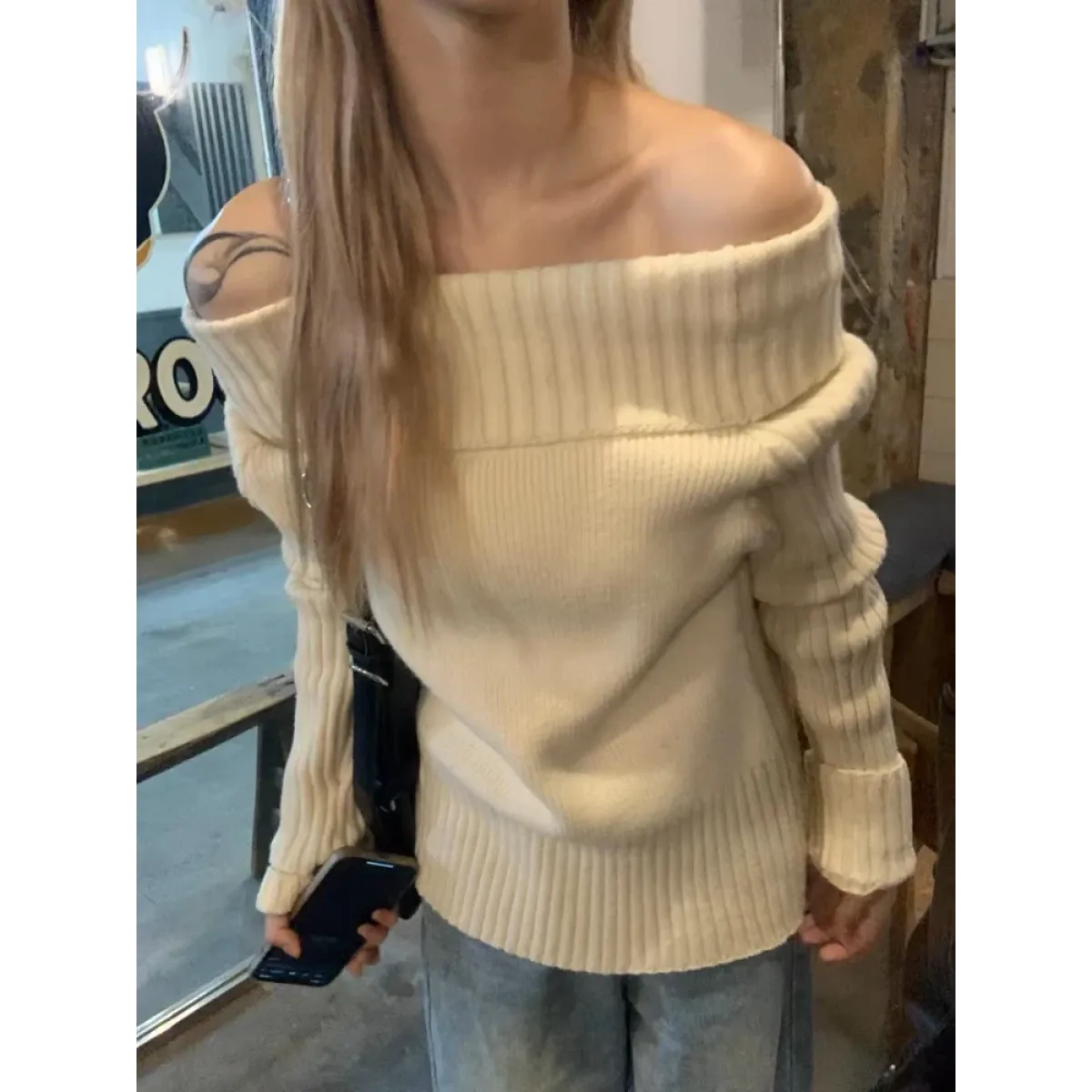 Beige Off Shoulder Knit Sweater – Elegant Harajuku Long Sleeve Pullover