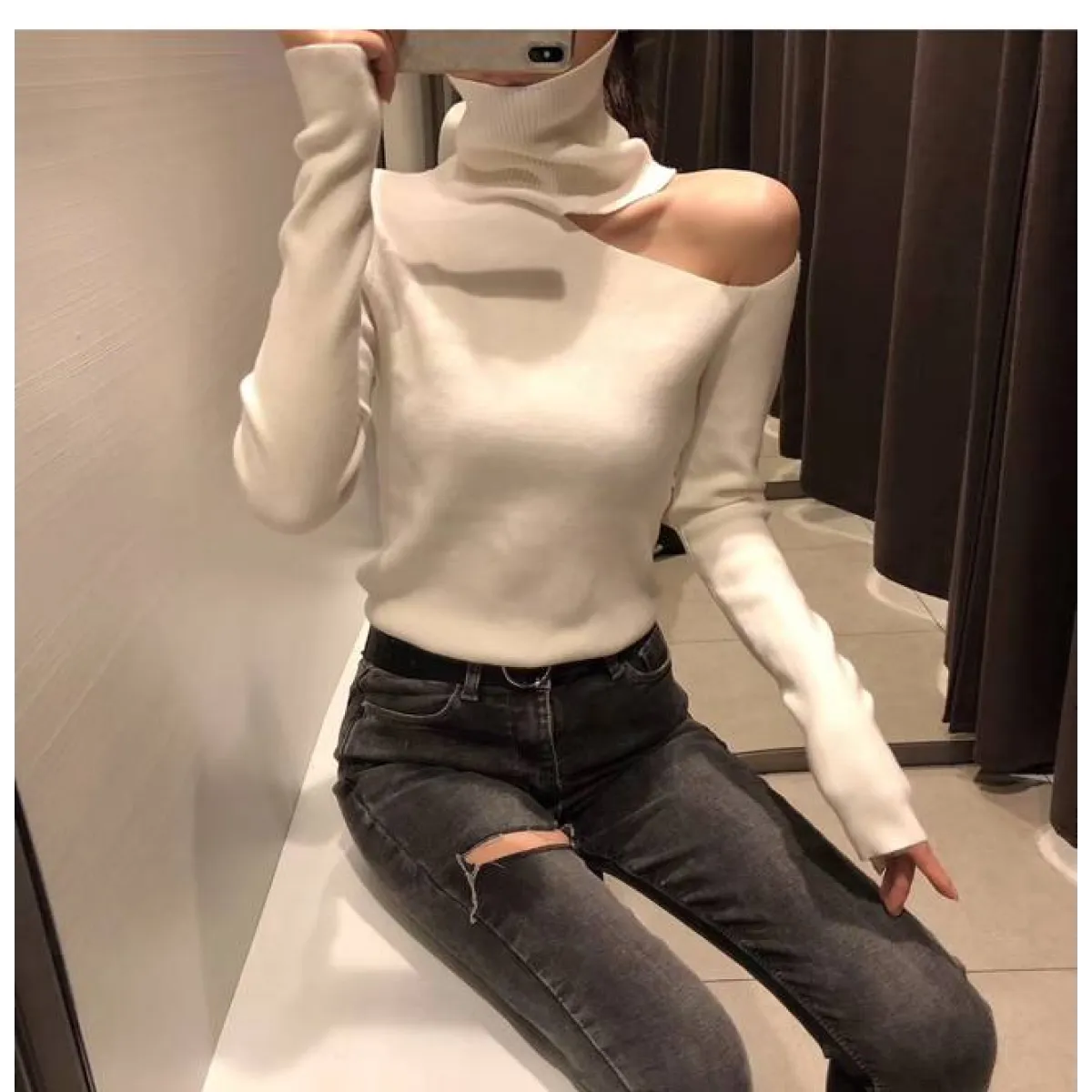 Off Shoulder Knitted Sweater