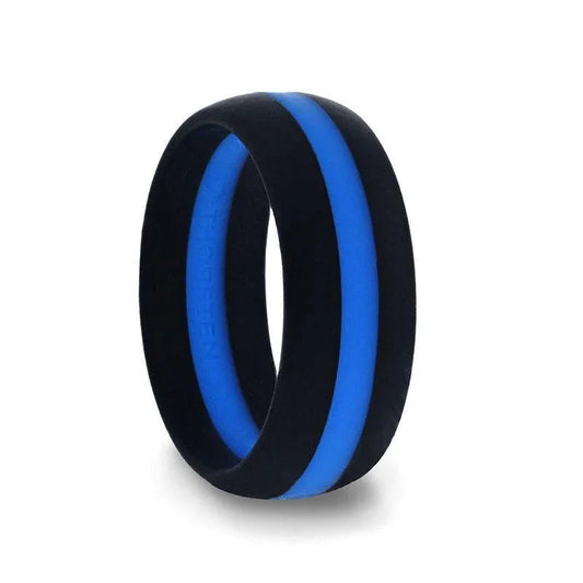 ZOLAN Matte Black Men's Silicone Ring With Vibrant Blue Colored Inlay - 8mm