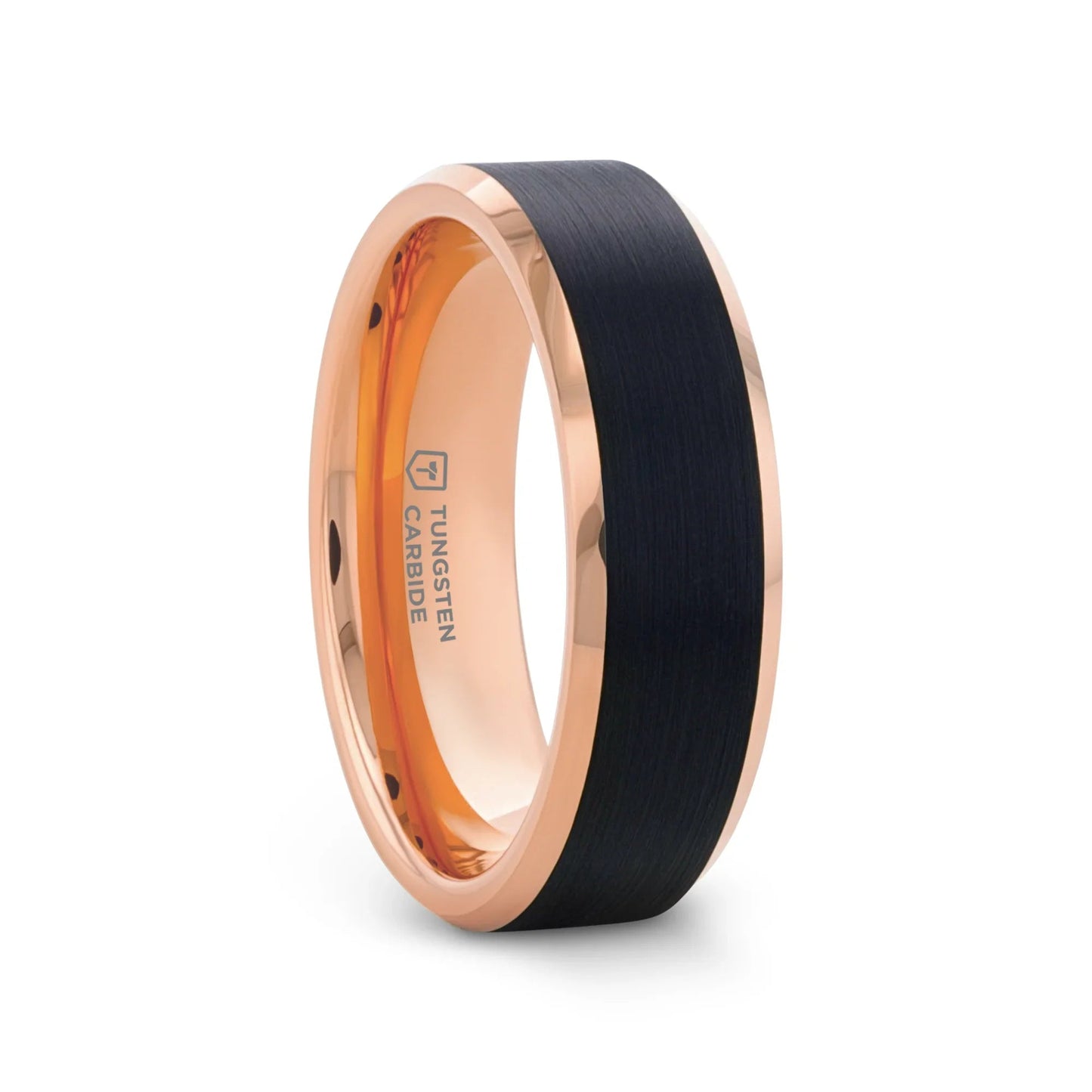 HAYDEN Rose Gold Plated Tungsten Beveled Ring with Brushed Black Center, Comfort Fit (6mm & 8mm)