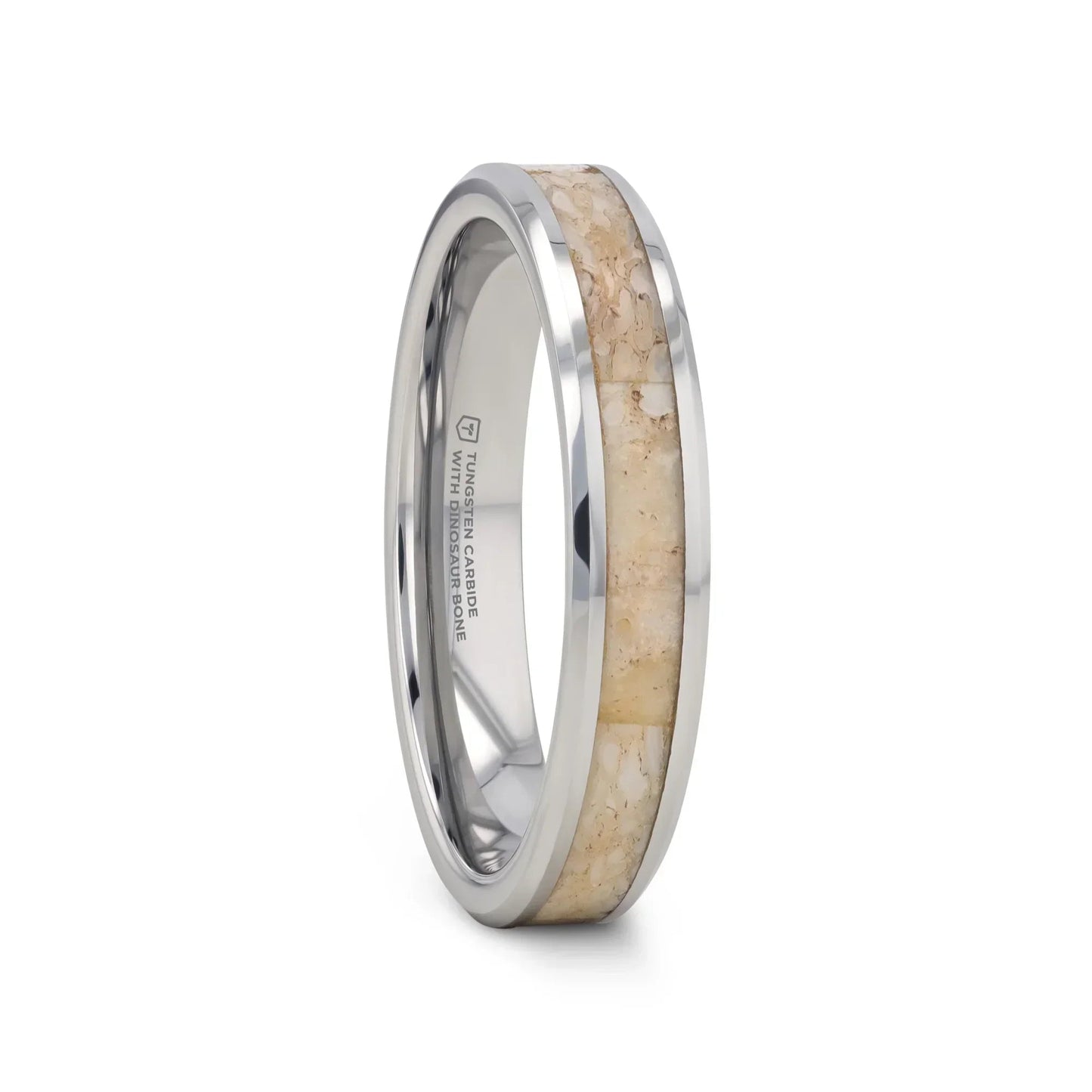 MESOZOIC Men’s Tungsten Flat Beveled Wedding Ring with White Dinosaur Bone Inlay - 4mm or 8mm