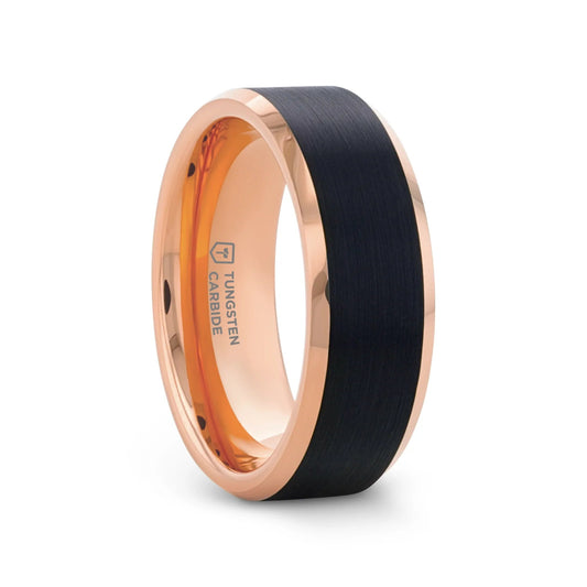 HAYDEN Rose Gold Plated Tungsten Beveled Ring with Brushed Black Center, Comfort Fit (6mm & 8mm)