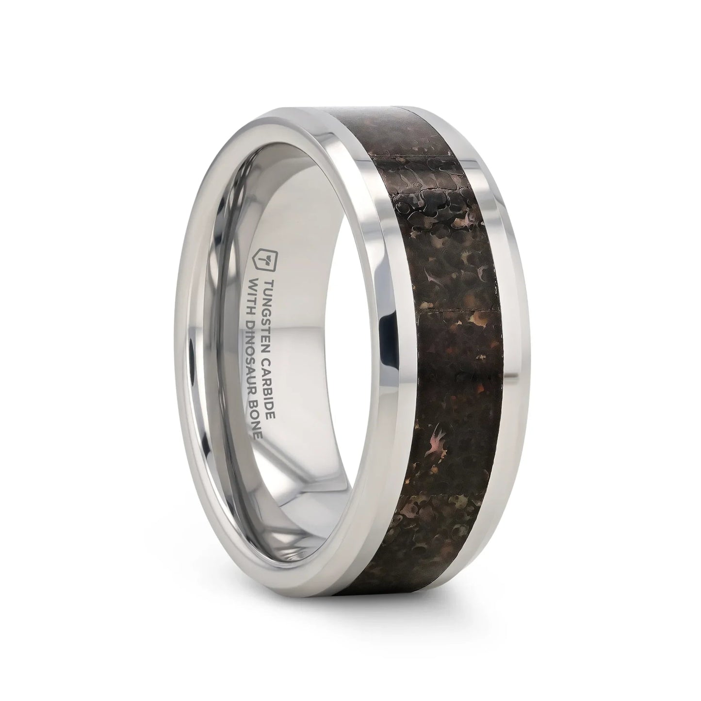 DRACARYS Tungsten Ring Black Dinosaur Inlay with Polished Bevel Edges - 8mm