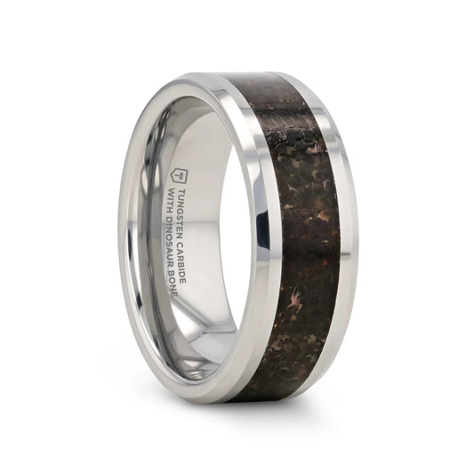 DRACARYS Tungsten Ring Black Dinosaur Inlay with Polished Bevel Edges - 8mm