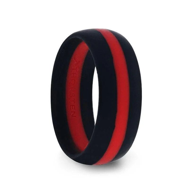 ZARIA Matte Black Men's Silicone Ring With Vibrant Red Colored Inlay - 8mm
