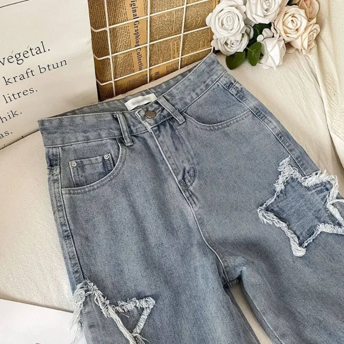 Star Patch Ripped High Waist Straight Leg Jeans – Women's Loose Fit Denim