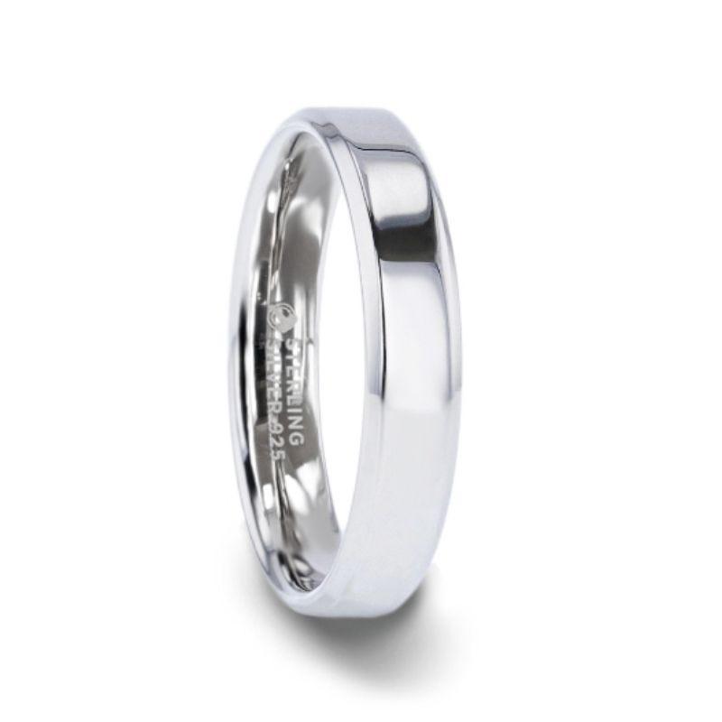 LUCY Sterling Silver Polished Flat-Center Women’s Wedding Band with Beveled Edges - 4mm