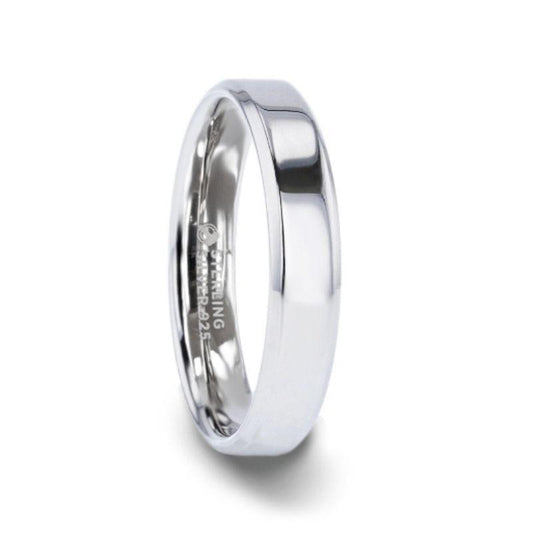 LUCY Sterling Silver Polished Flat-Center Women’s Wedding Band with Beveled Edges - 4mm