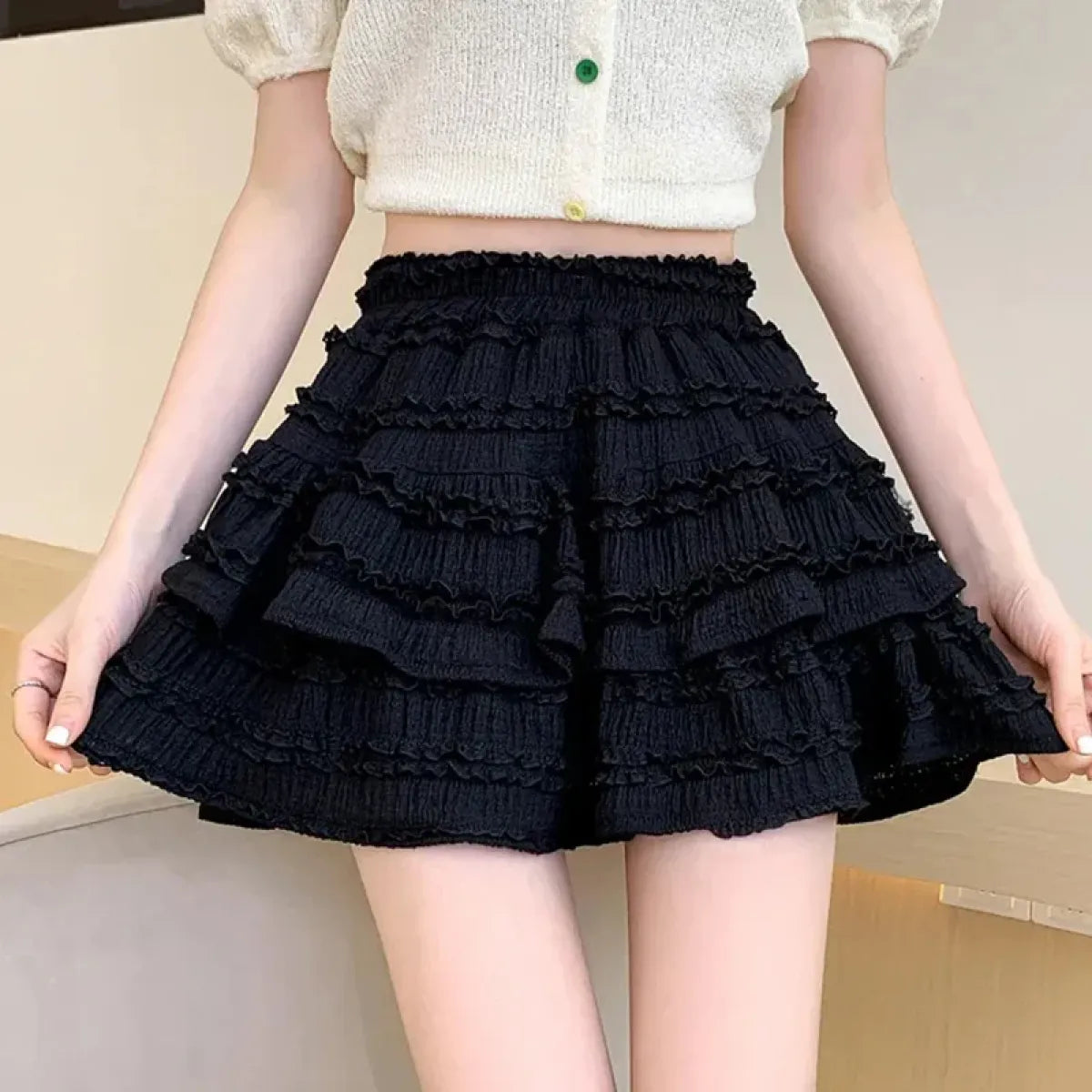 Sweet Lace Ruffle Mini Skirt – Kawaii High-Waist A-Line Style