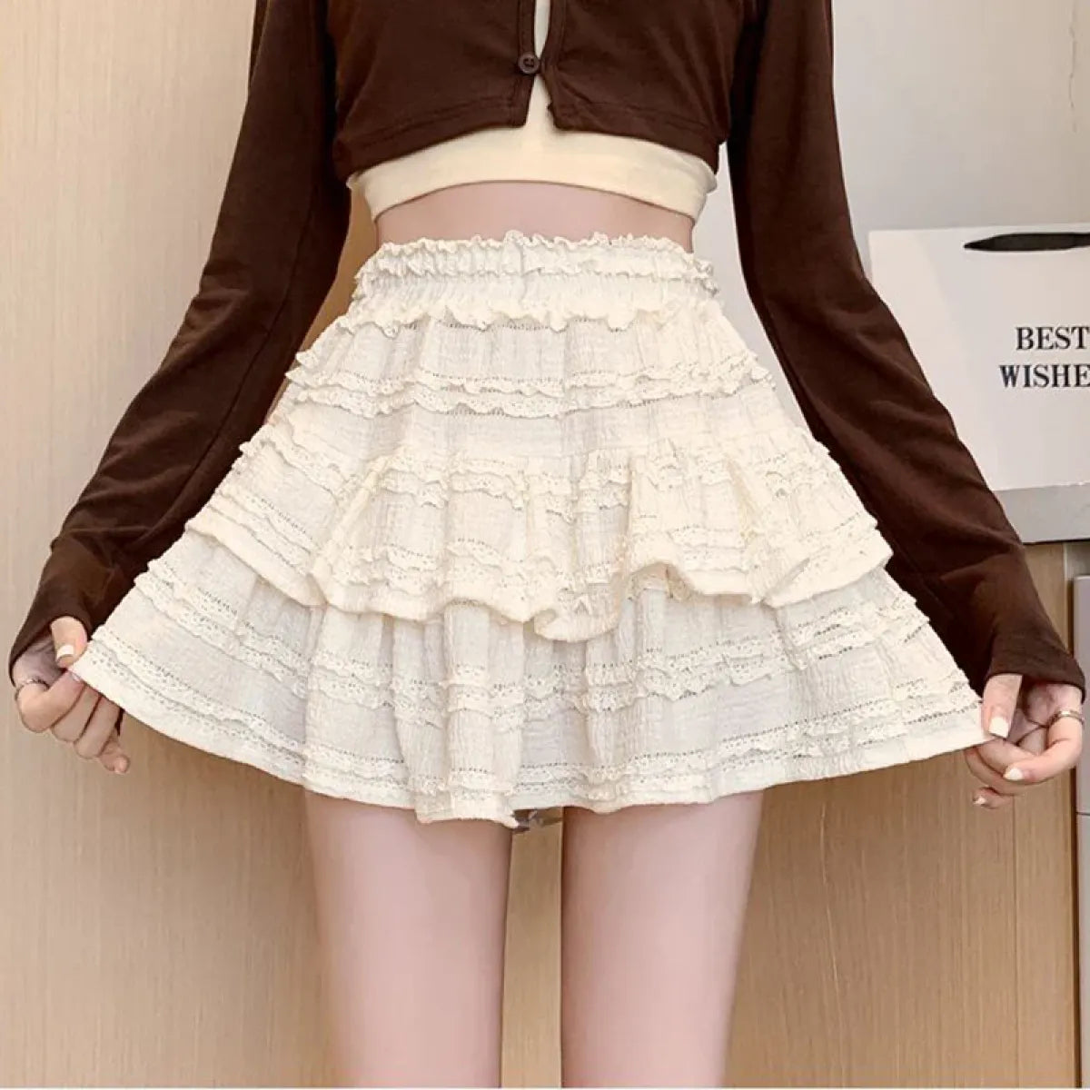 Sweet Lace Ruffle Mini Skirt – Kawaii High-Waist A-Line Style
