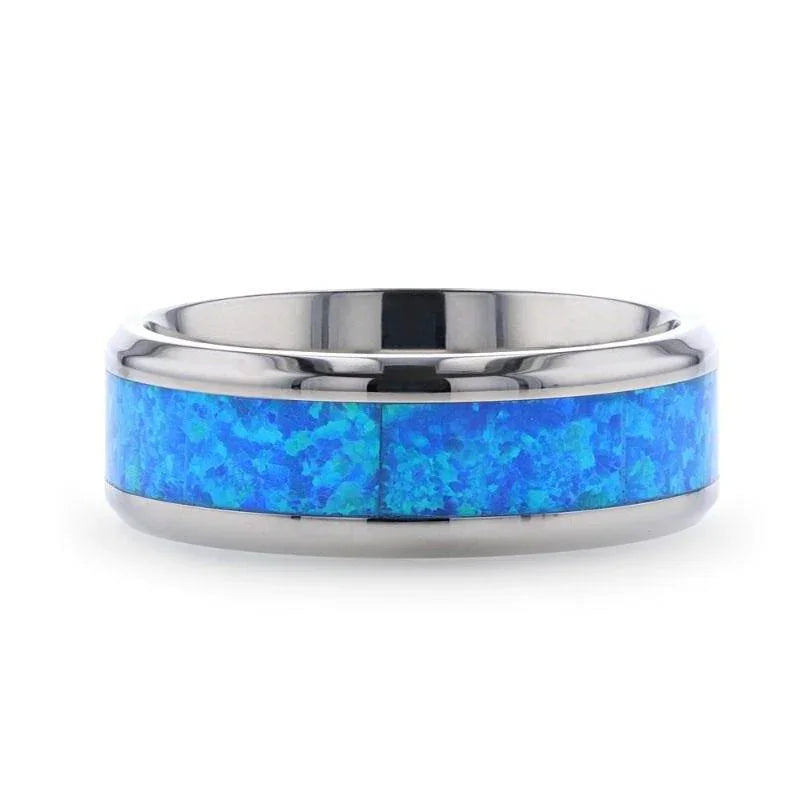 GALAXY Titanium Polished Beveled Edge Ring with Blue Green Opal Inlay - 8mm