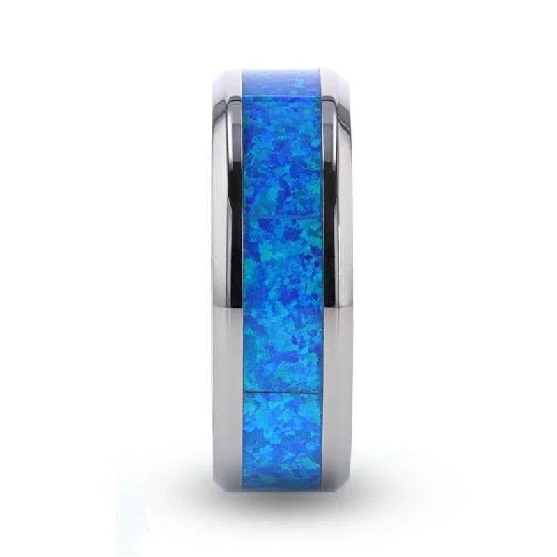 GALAXY Titanium Polished Beveled Edge Ring with Blue Green Opal Inlay - 8mm